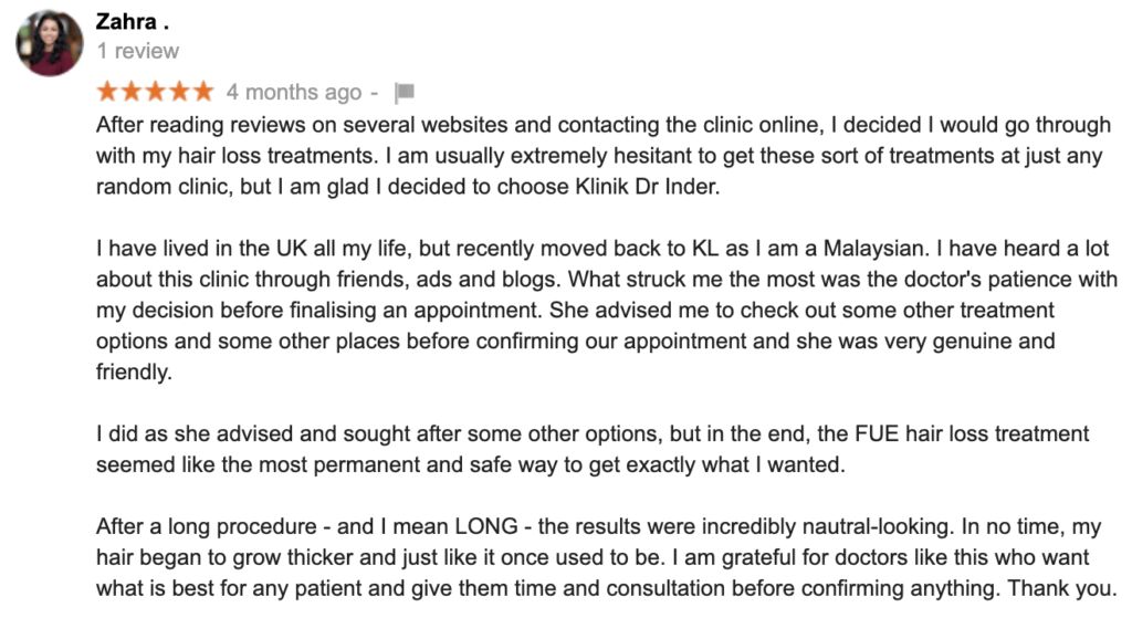 Review From Our Patient For FUE Hair Loss Treatment