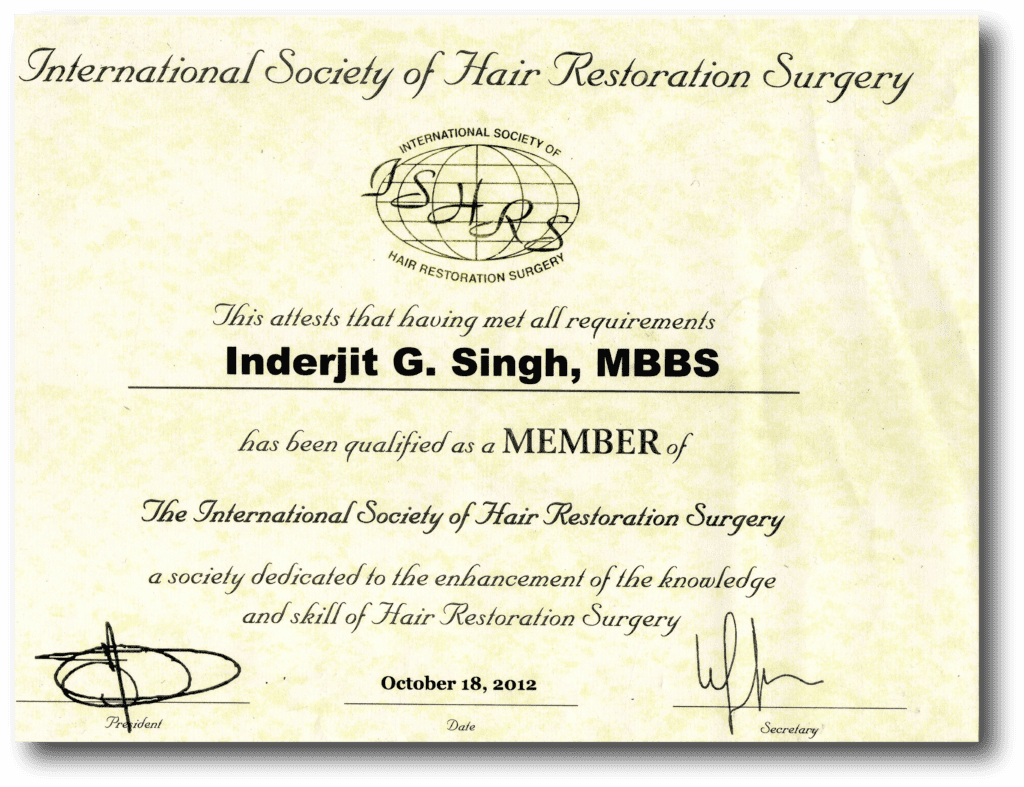 Dr Inder Hair Transplant Accreditation Certificate