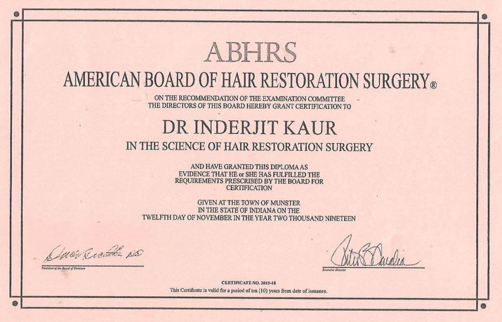 Dr Inder ABHRS Certificate of Hair Transplant Malaysia
