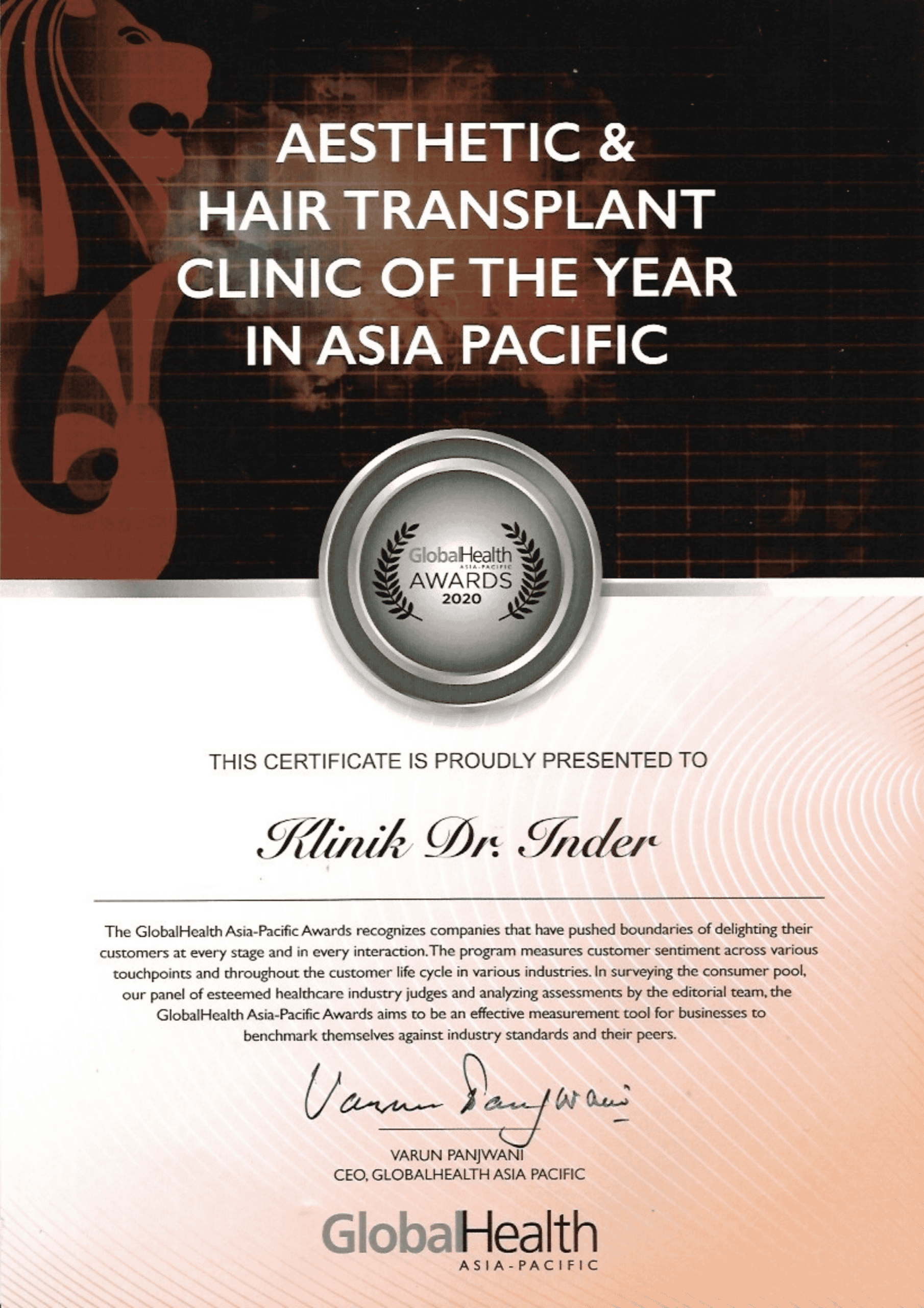 GLOBAL HEALTH AWARD 2020 - AESTHETIC & HAIR TRANSPLANT CLINIC OF THE YEAR IN ASIA PACIFIC