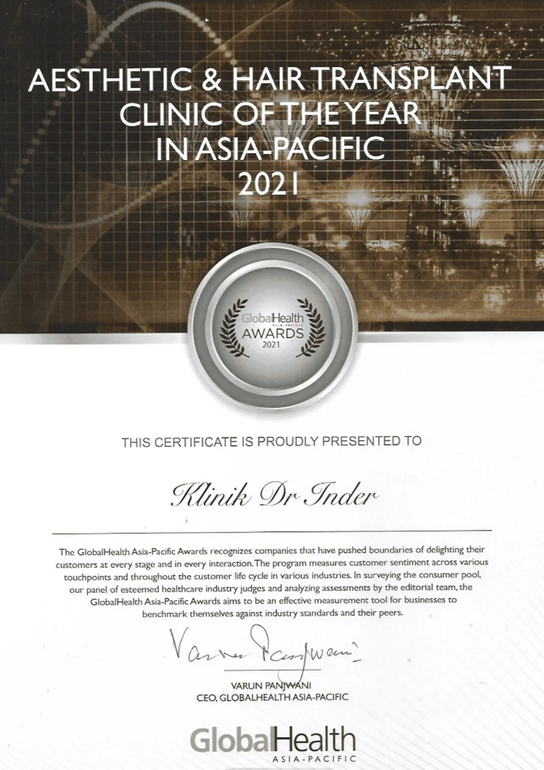 GLOBAL HEALTH AWARD 2021 - AESTHETIC & HAIR TRANSPLANT CLINIC OF THE YEAR IN ASIA PACIFIC