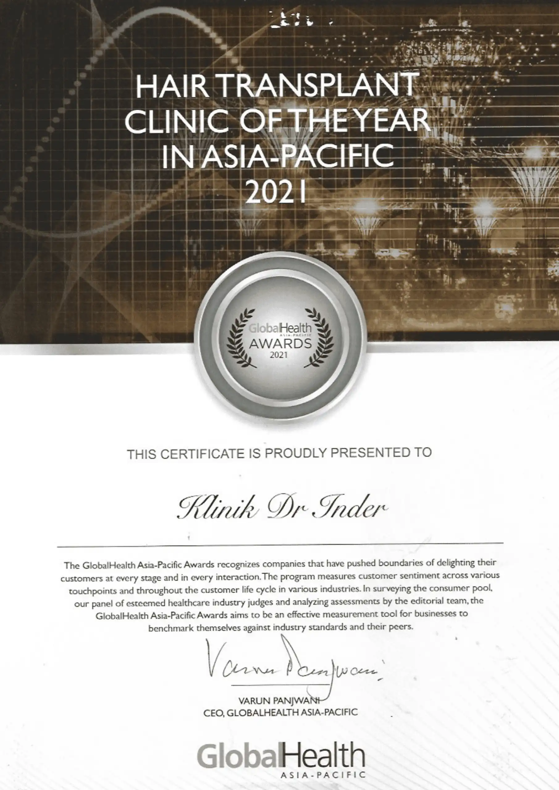 GLOBAL HEALTH AWARD 2021 - HAIR TRANSPLANT CLINIC OF THE YEAR IN ASIA PACIFIC