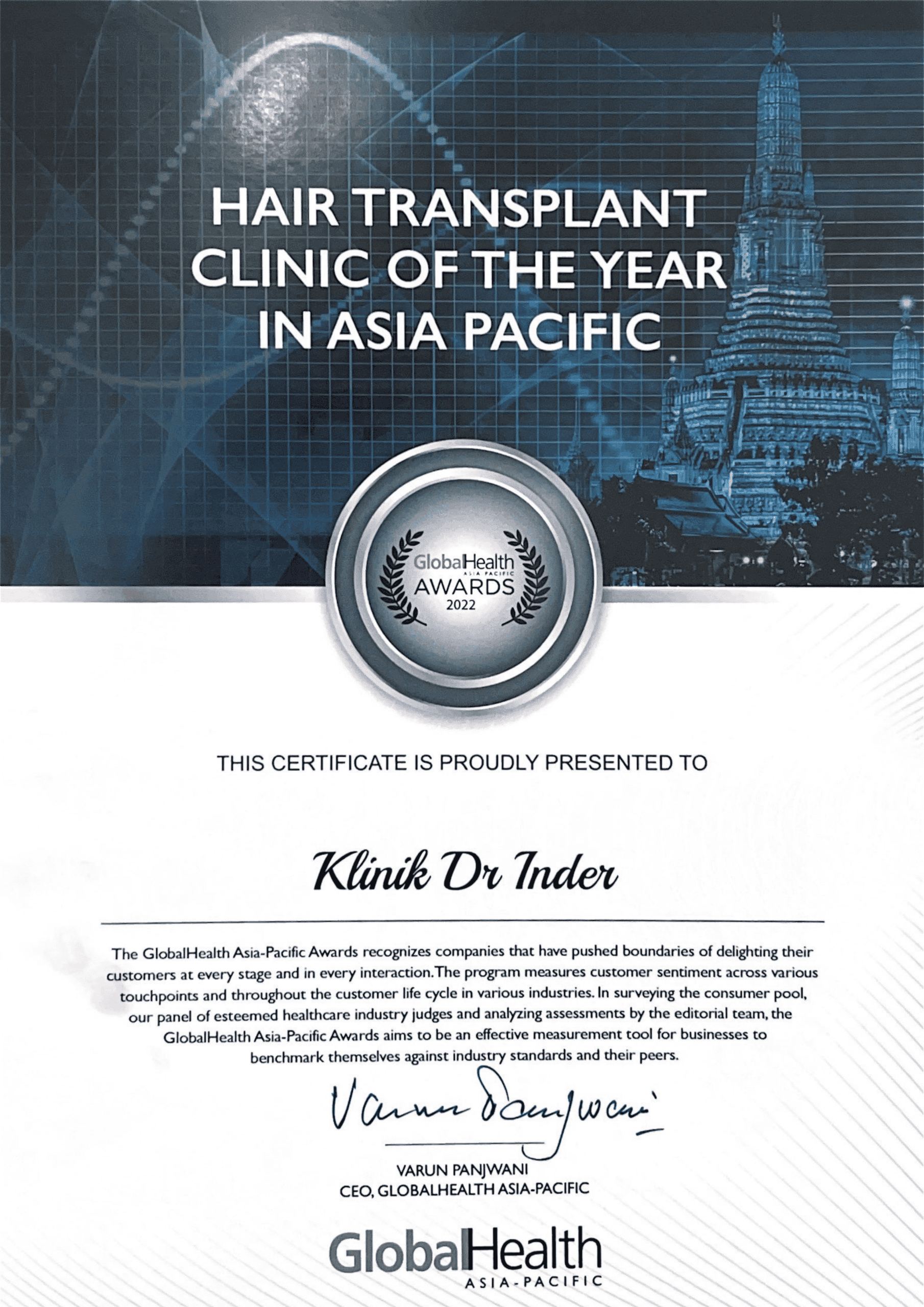 GLOBAL HEALTH AWARD 2022 - HAIR TRANSPLANT CLINIC OF THE YEAR IN ASIA PACIFIC