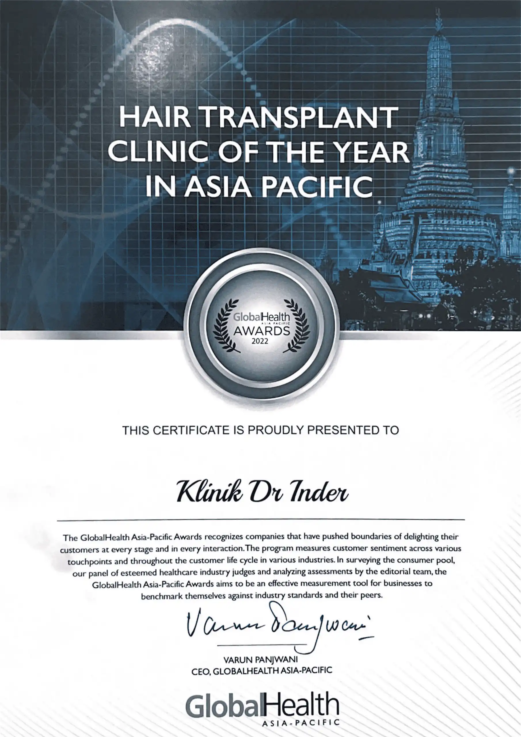 GLOBAL HEALTH AWARD 2022 - HAIR TRANSPLANT CLINIC OF THE YEAR IN ASIA PACIFIC