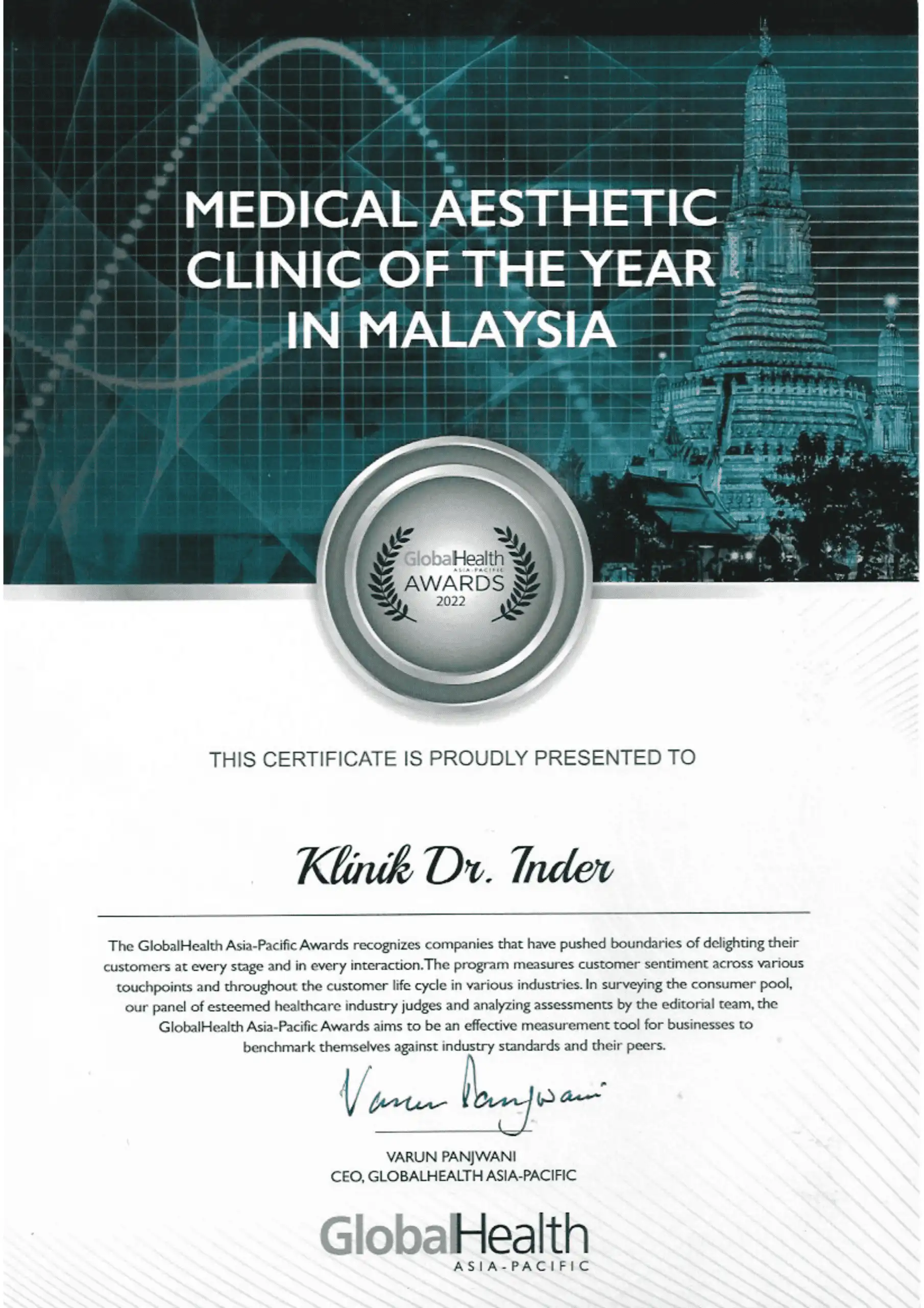 GLOBAL HEALTH AWARD 2022 - MEDICAL AESTHETIC CLINIC OF THE YEAR IN MALAYSIA