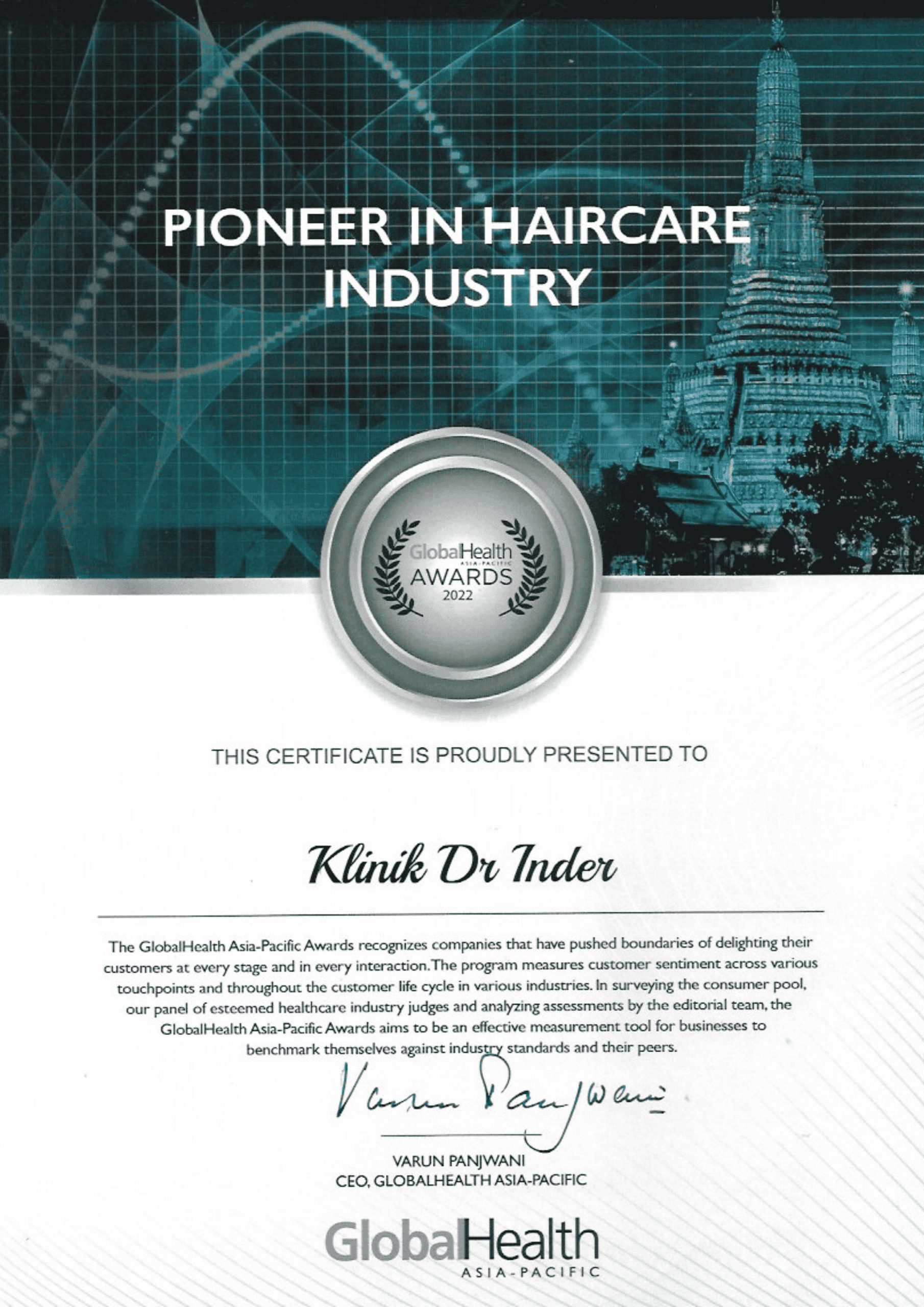 GLOBAL HEALTH AWARD 2022 - PIONEER IN HAIRCARE INDUSTRY
