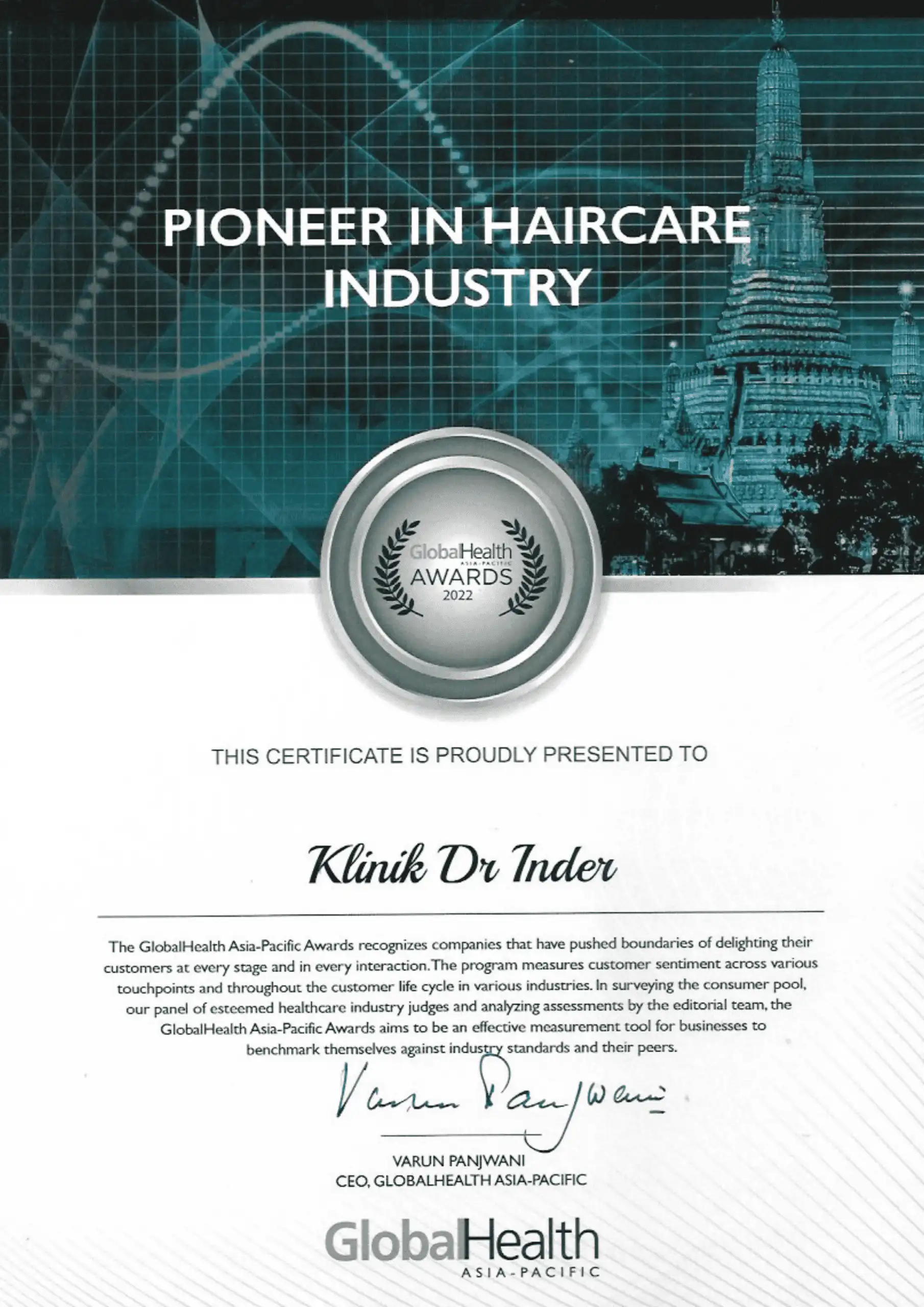 GLOBAL HEALTH AWARD 2022 - PIONEER IN HAIRCARE INDUSTRY