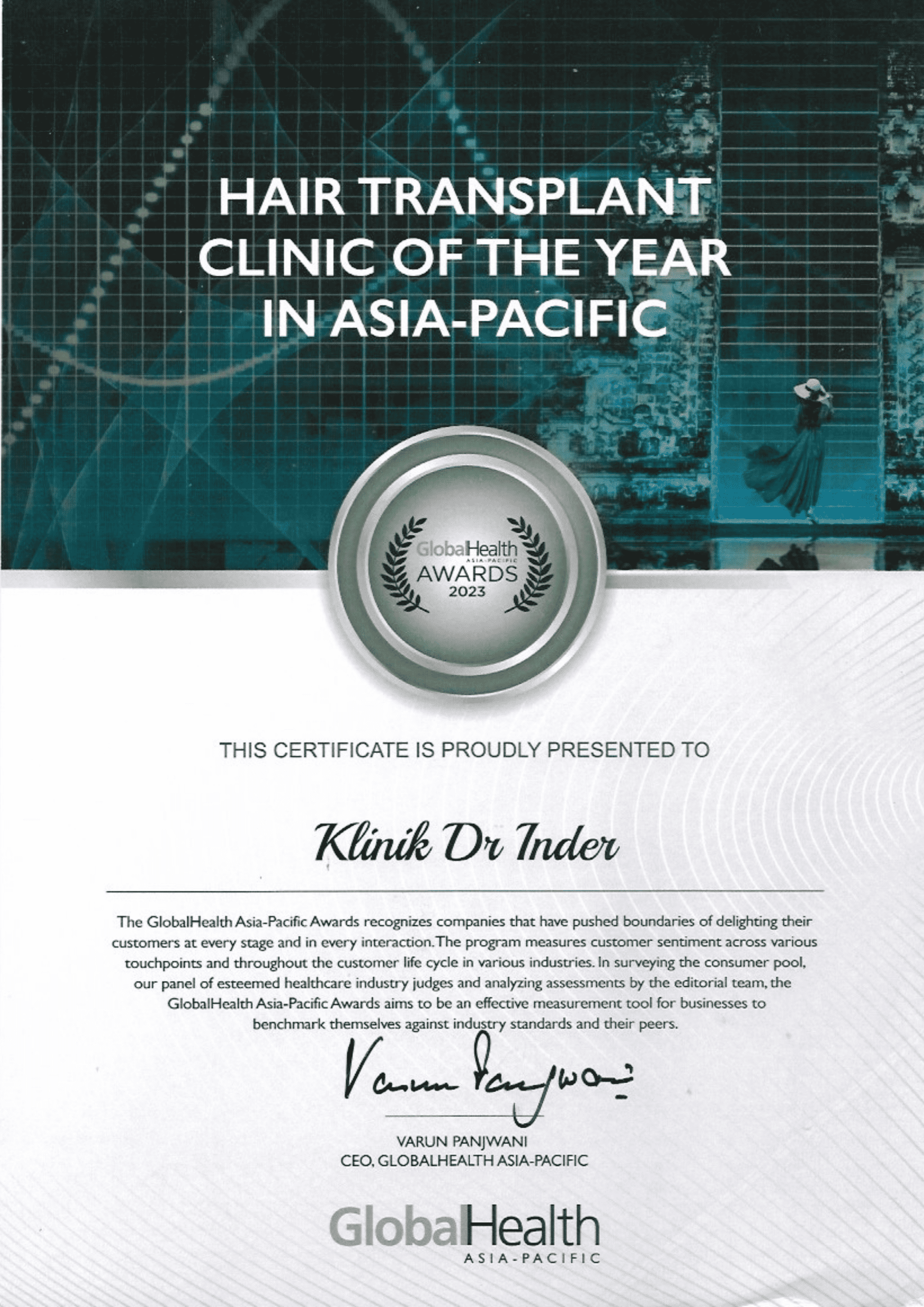 GLOBAL HEALTH AWARD 2023 - HAIR TRANSPLANT CLINIC OF THE YEAR IN ASIA PACIFIC