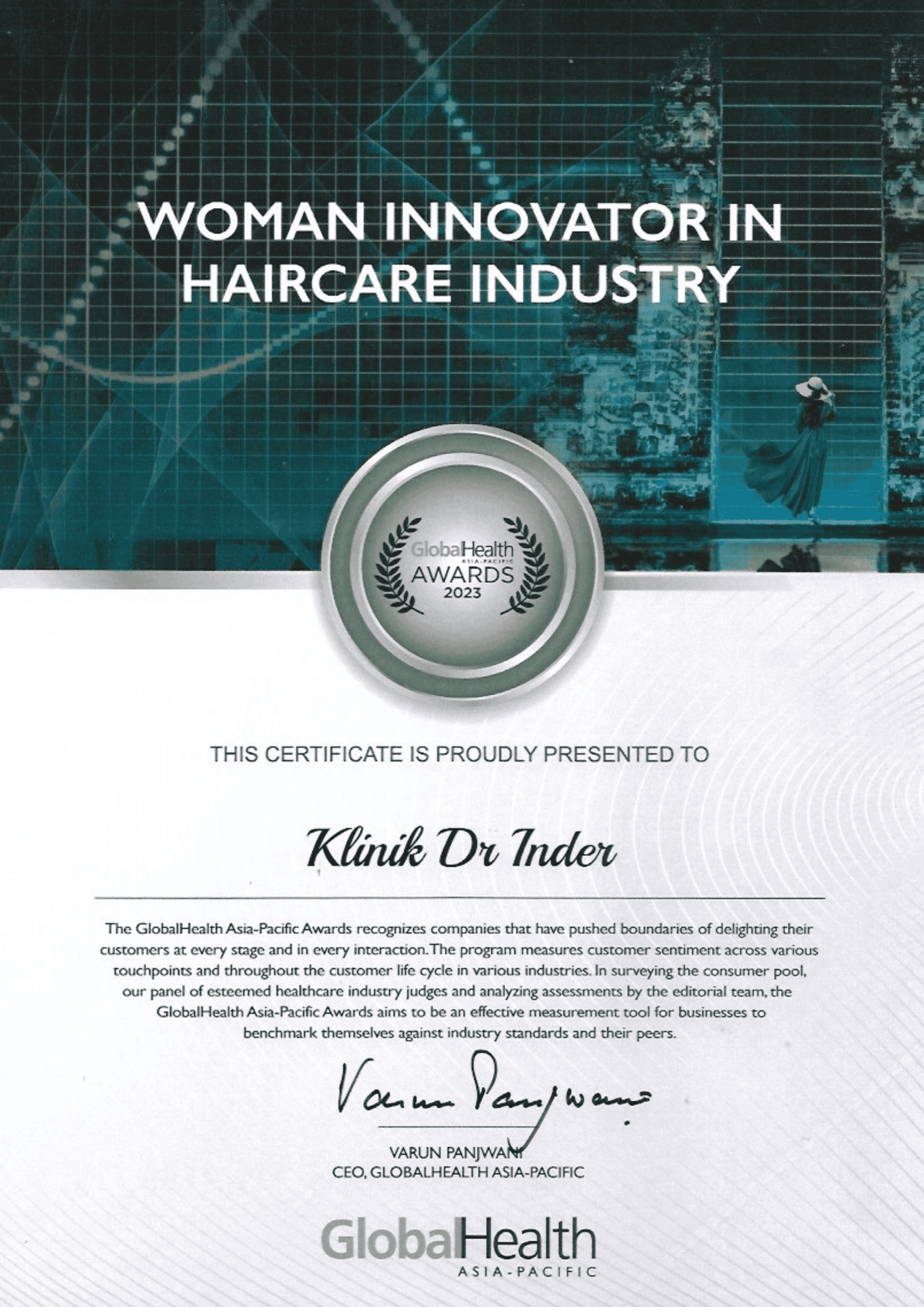GLOBAL HEALTH AWARD 2023 - WOMEN INNOVATOR IN HAIRCARE INDUSTRY