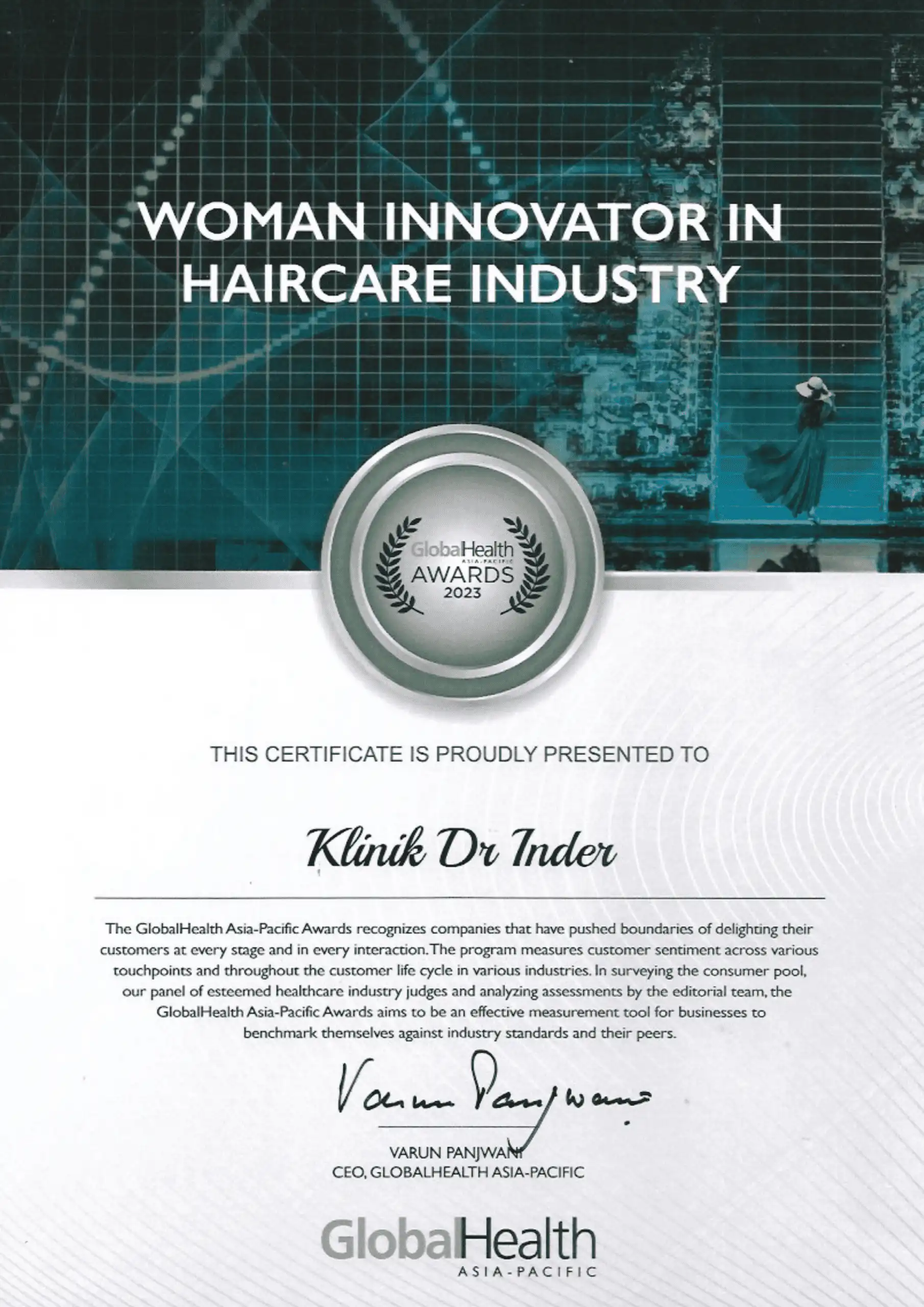 GLOBAL HEALTH AWARD 2023 - WOMEN INNOVATOR IN HAIRCARE INDUSTRY