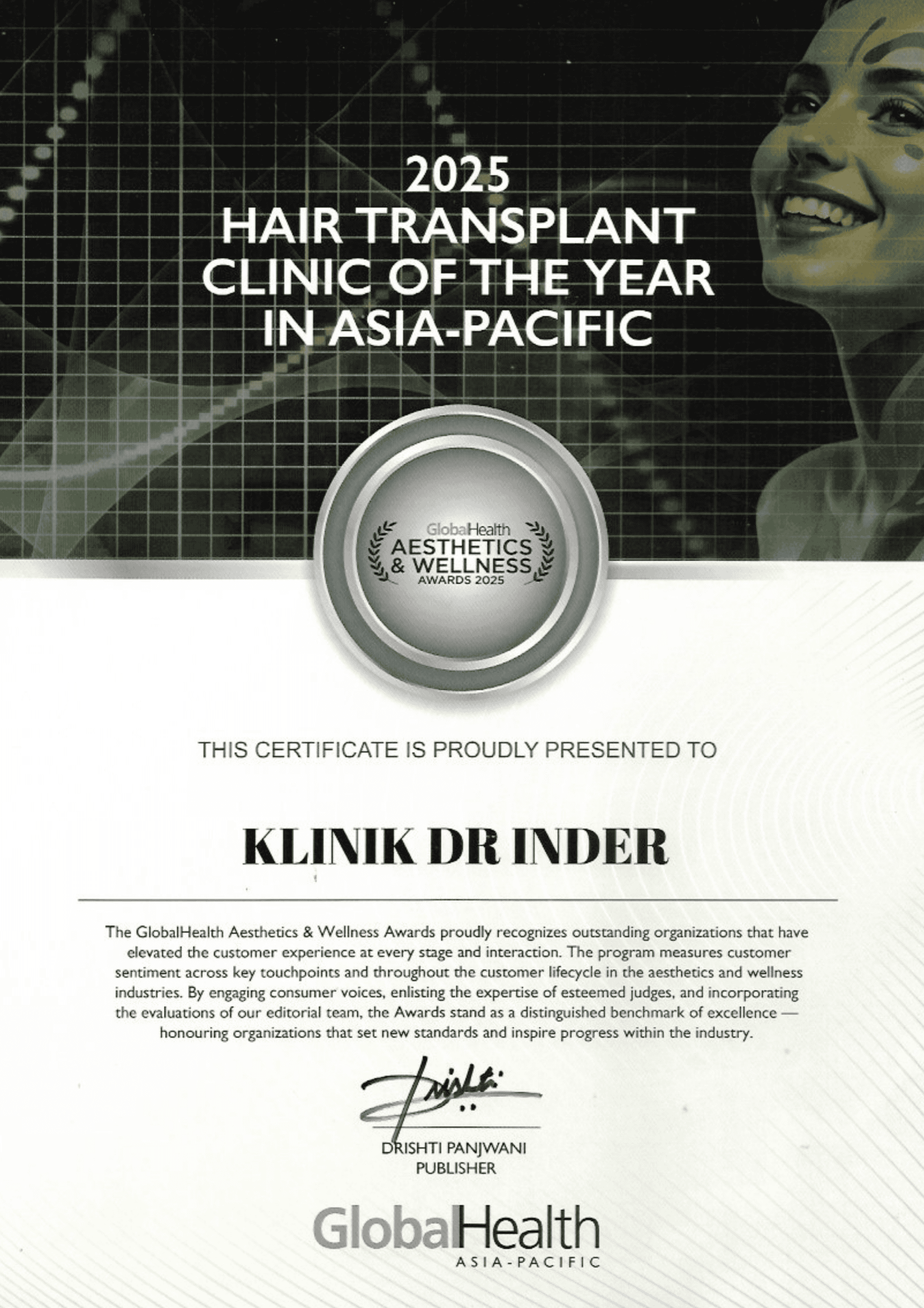 GLOBAL HEALTH AWARD 2025 - 2025 HAIR TRANSPLANT CLINIC OF THE YEAR IN ASIA PACIFIC