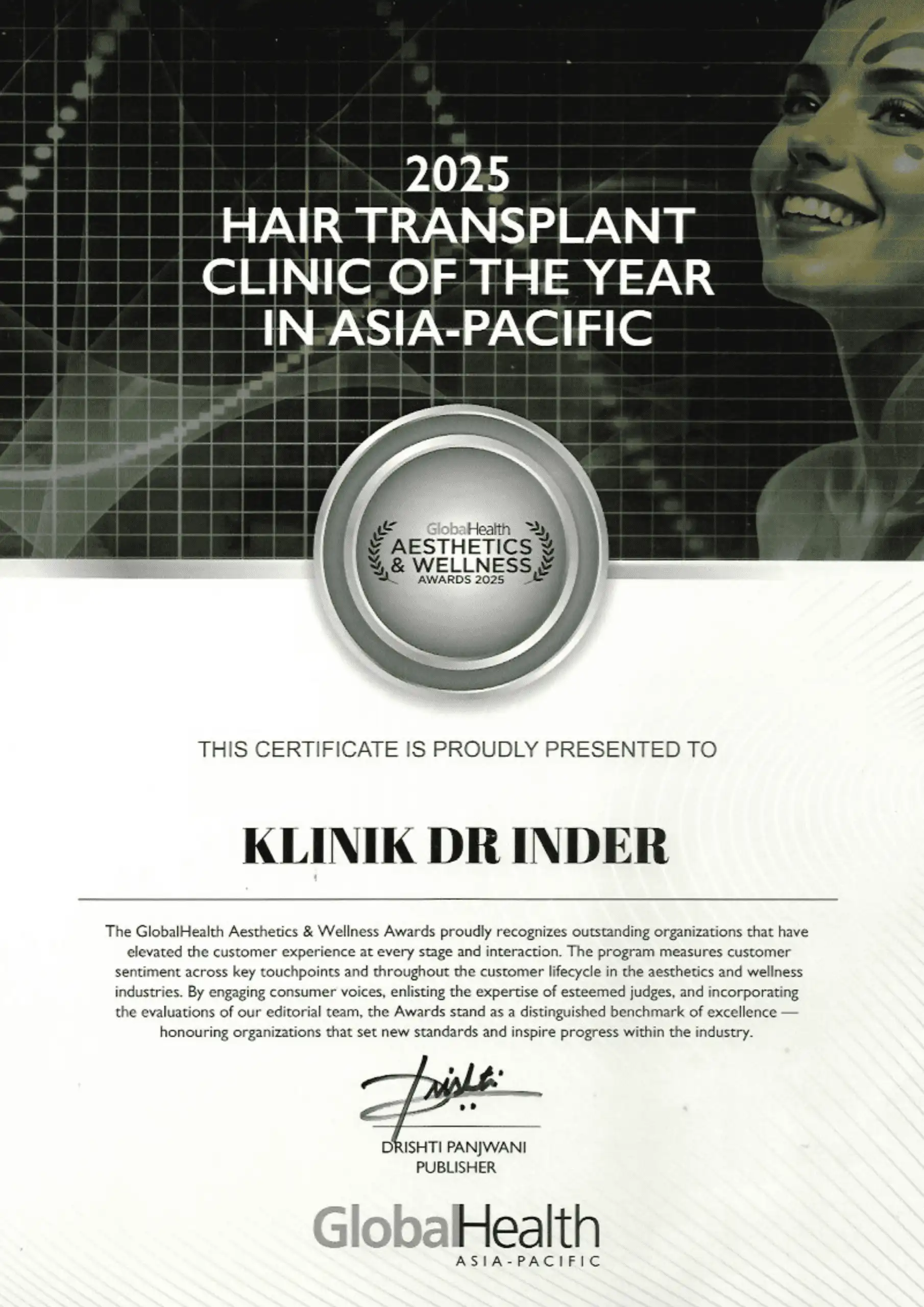 GLOBAL HEALTH AWARD 2025 - 2025 HAIR TRANSPLANT CLINIC OF THE YEAR IN ASIA PACIFIC