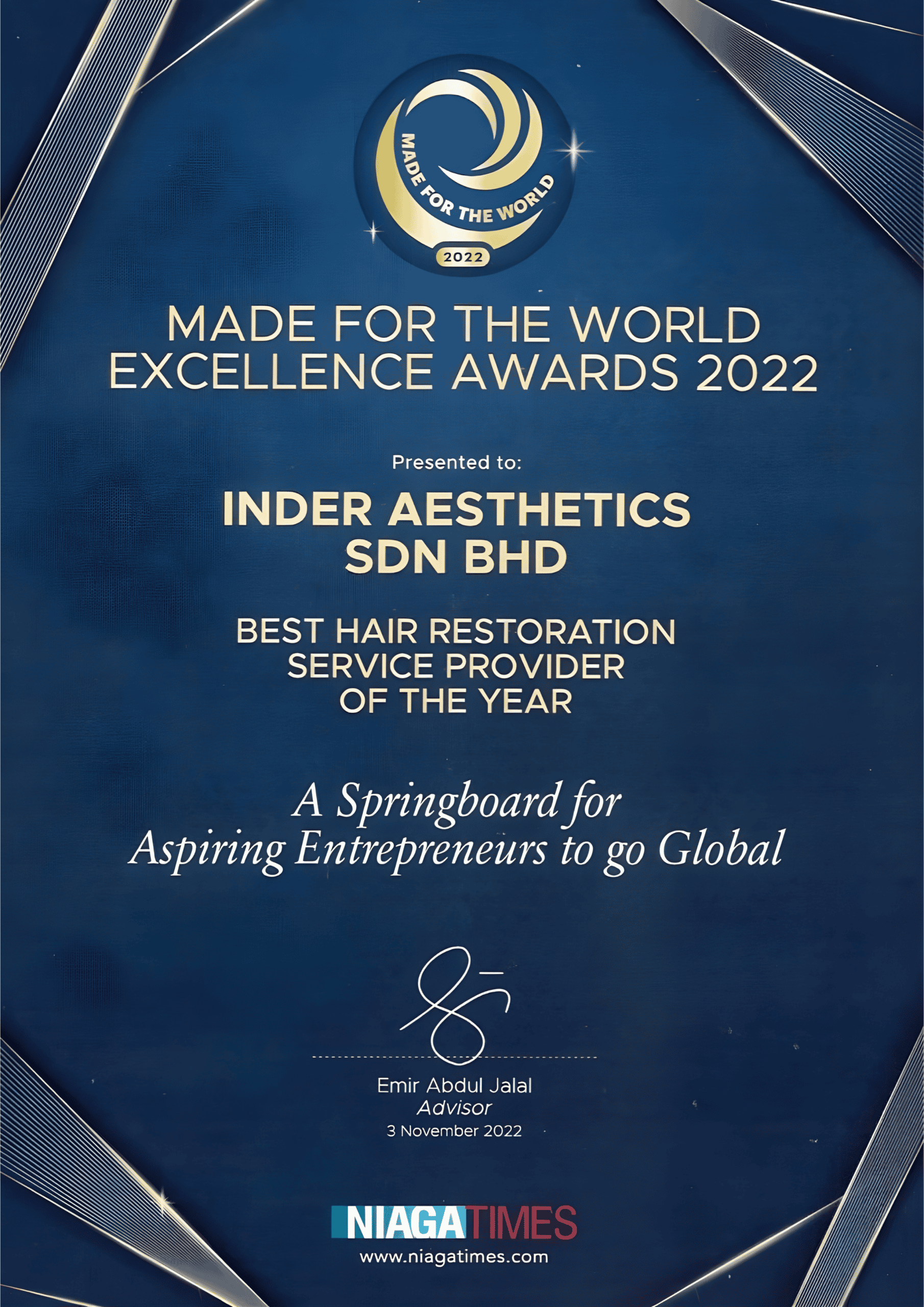 MADE FOR THE WORLD EXELLENCE AWARDS 2022 - BEST HAIR RESTORATION SERVICE PROVIDER OF THE YEAR