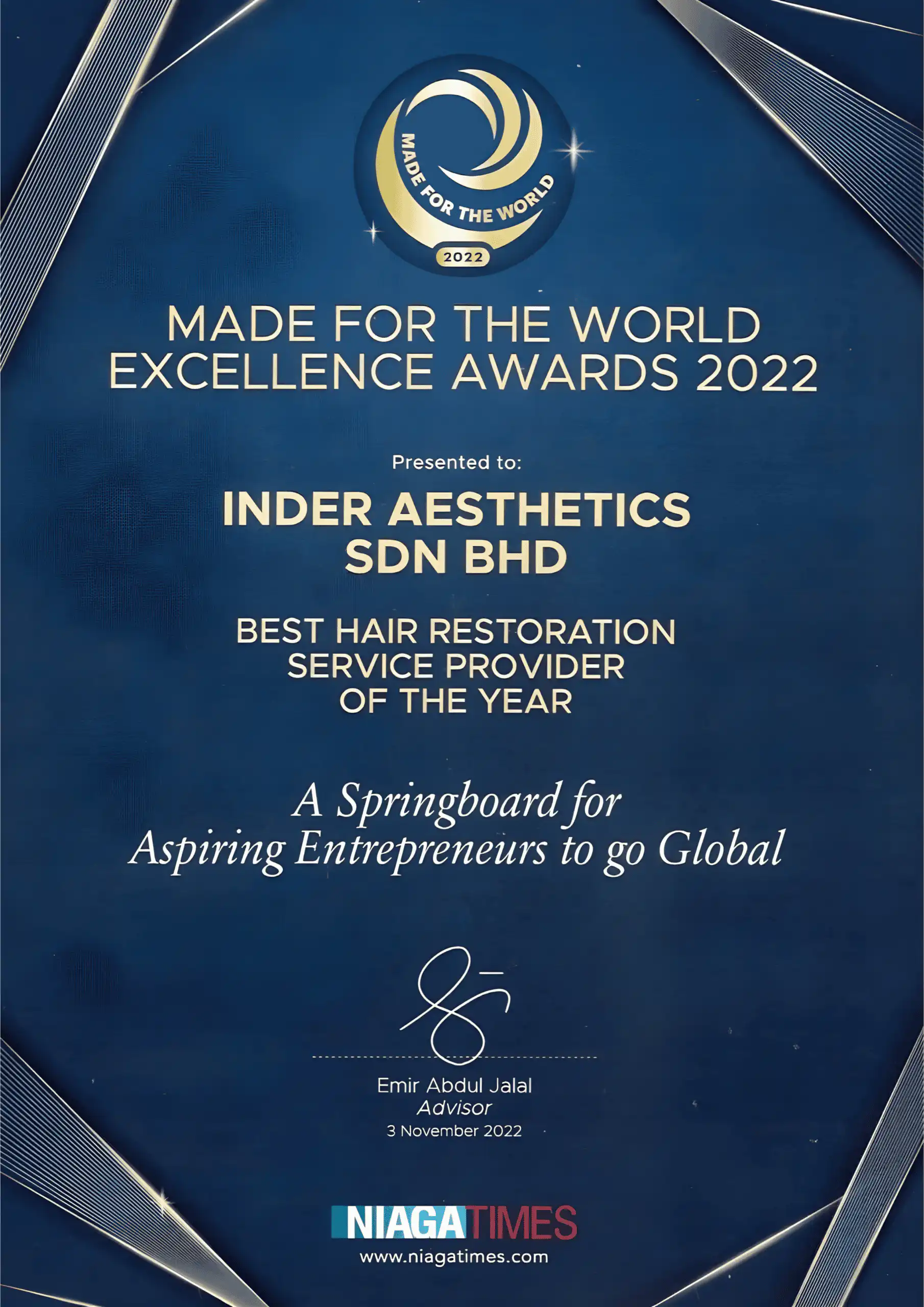 MADE FOR THE WORLD EXELLENCE AWARDS 2022 - BEST HAIR RESTORATION SERVICE PROVIDER OF THE YEAR