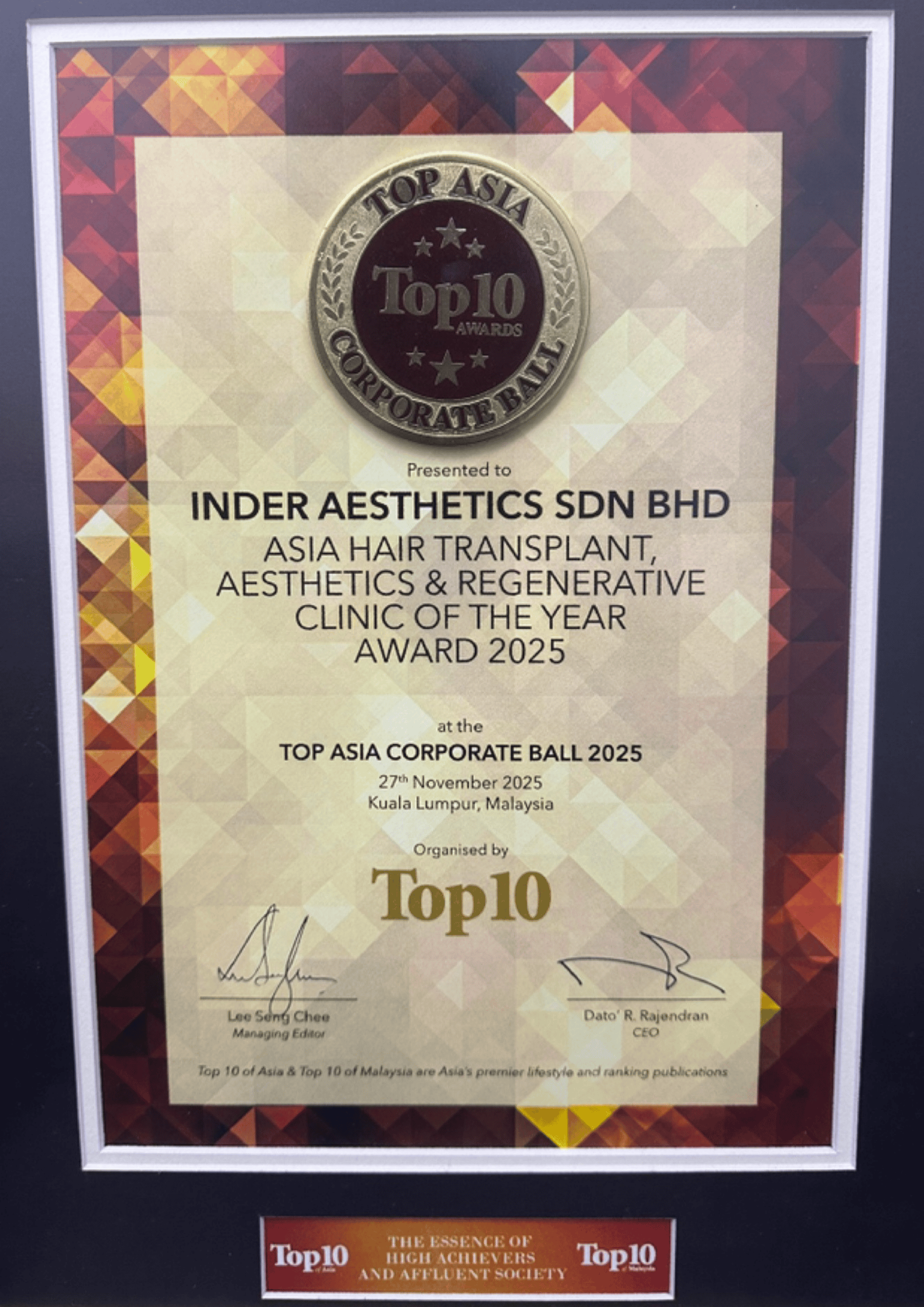 TOP ASIA CORPORATE BALL 2025 - INDER AESTHETICS SDN BHD - ASIA HAIR TRANSPLANT AESTHETICS AND REGENERATIVE CLINIC OF THE YEAR AWARD 2025