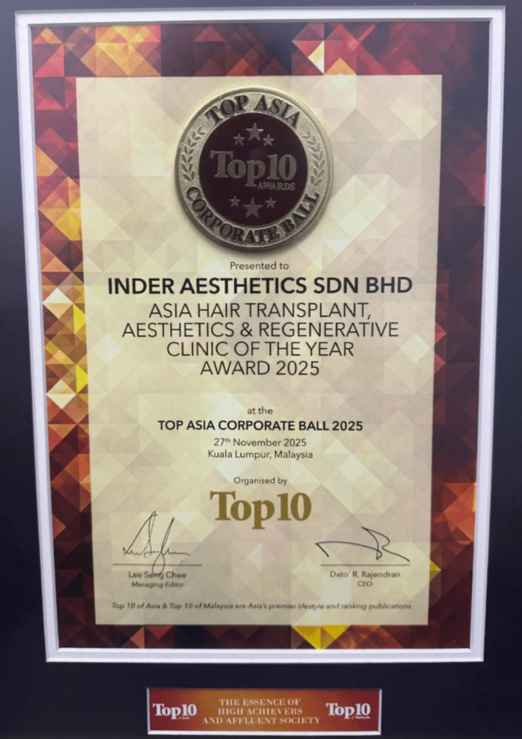 TOP ASIA CORPORATE BALL 2025 - INDER AESTHETICS SDN BHD - ASIA HAIR TRANSPLANT AESTHETICS AND REGENERATIVE CLINIC OF THE YEAR AWARD 2025