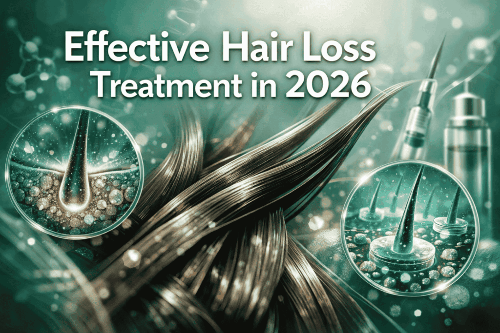 Professional () hero image featuring 'Effective Hair Loss Treatment in 2026' in extra large white with a subtle dark ,