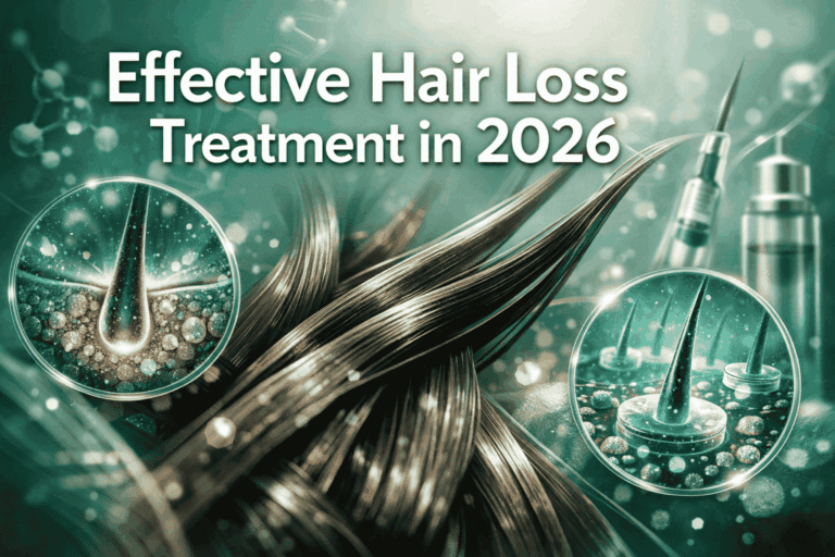 Professional () hero image featuring 'Effective Hair Loss Treatment in 2026' in extra large white with a subtle dark ,