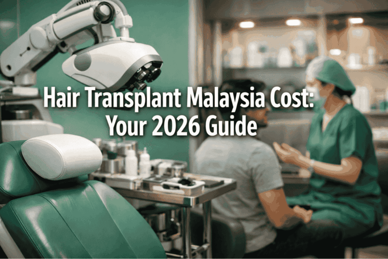 Professional () hero image featuring "Hair Transplant Malaysia Cost: Your 2026 Guide" in extra large white with a subtle