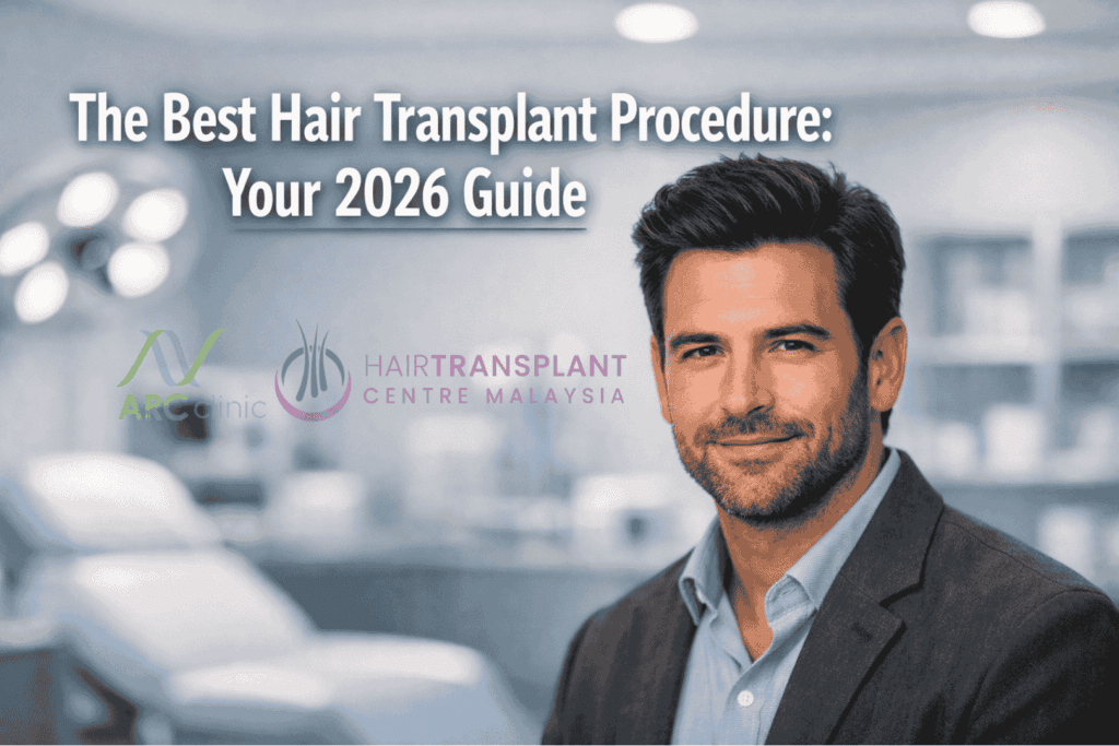 Professional () hero image featuring "The Best Hair Transplant Procedure: Your 2026 Guide" in extra large white with a